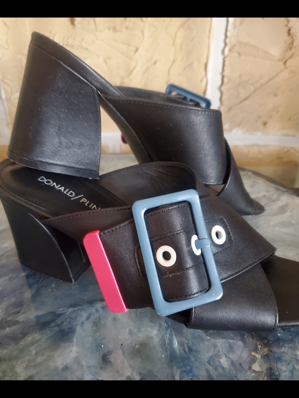 Donald J. Pliner Black Leather Mules with Blue and Pink Buckles